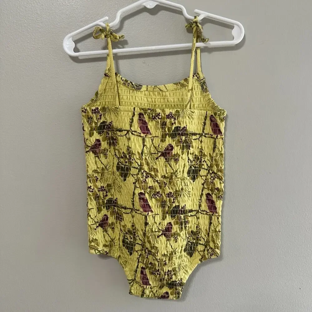Kate Quinn Girls 18-24 Months Smocked Tie Strap Bodysuit Yellow Birds Sunsuit